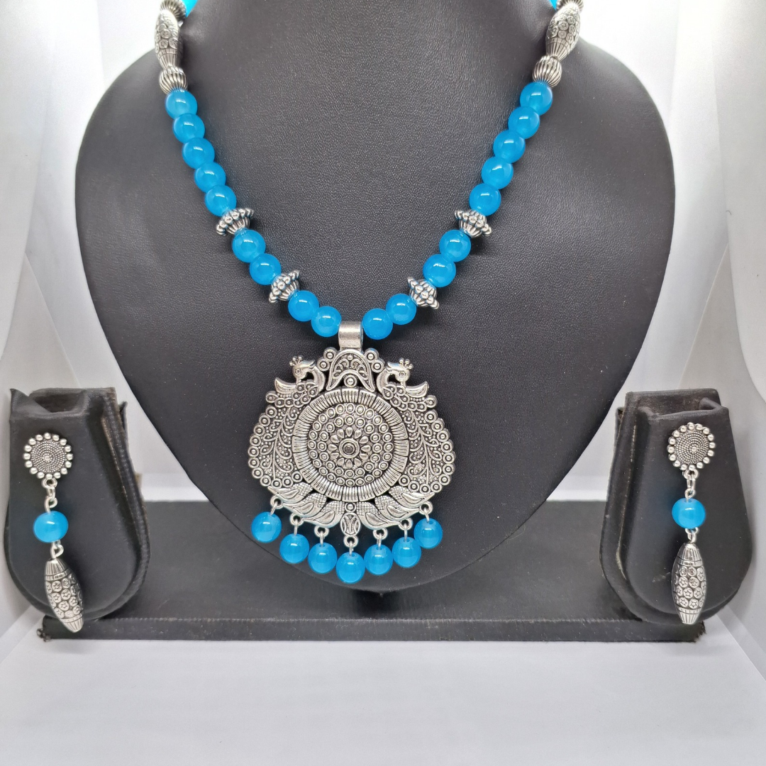 Sky Blue Beads With Oxidised Pendant