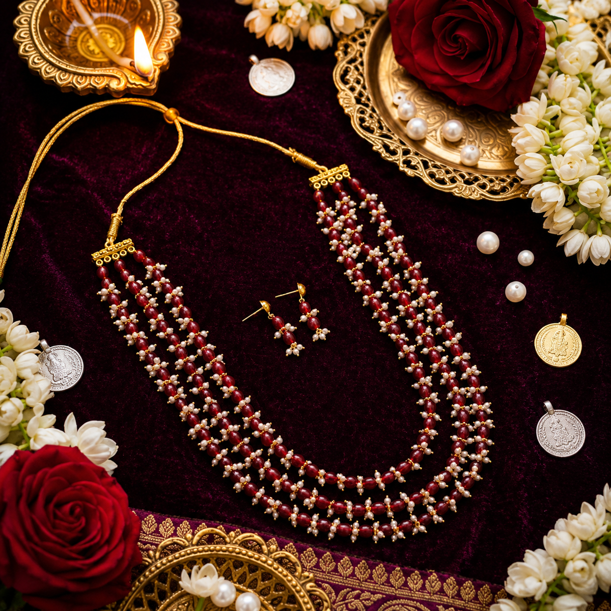 Royal Maroon beads 3 Layer Necklace