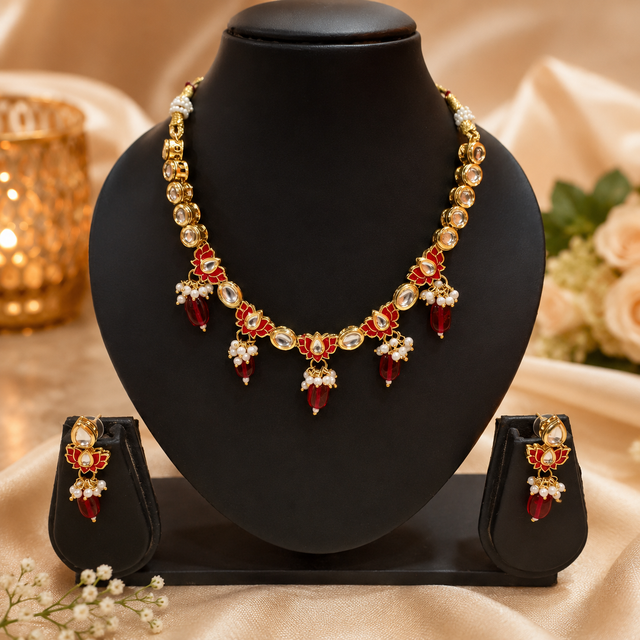 Pink Lotus Kundan Necklace Set