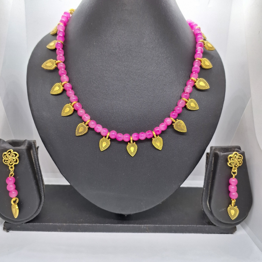 Pink Beads and Golden Charm Necklace