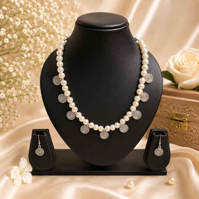 Coin with Off white Beads Necklace Set
